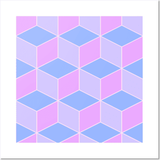 Pastel Pink Blue and Purple Cube Geometric Pattern Posters and Art